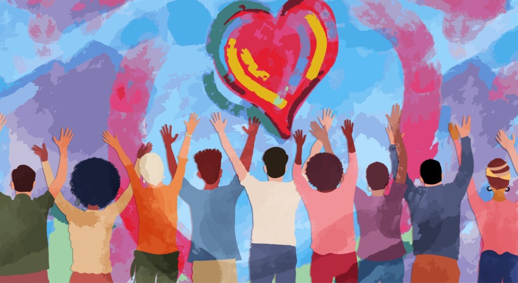 Many Raised Hands Diverse People. Charitable Donation And Volunteer Work. Support And Assistance. People Diversity. Multicultural Community. Ngo. Aid. Blue Background Copy Space With Heart