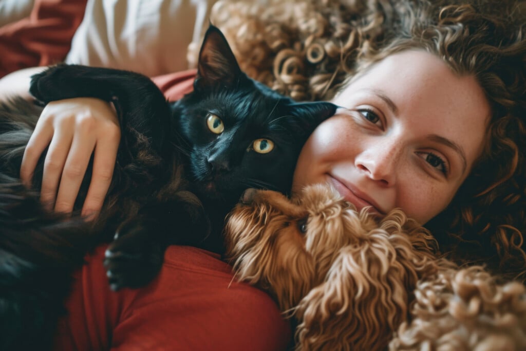 Homey Happiness: A Woman Smiles While Holding A Black Cat In One Hand And Sharing A Moment Of Closeness With Her Curly Haired Dog