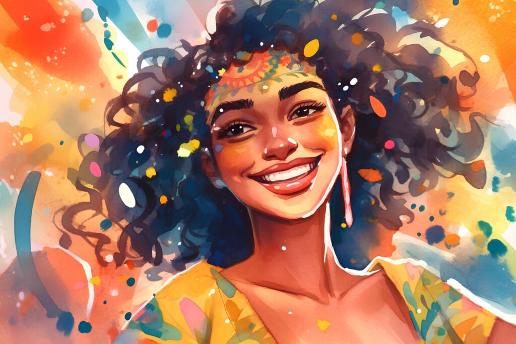 Portrait Of Beautiful Woman With Afro Hairstyle. Watercolor Illustration.