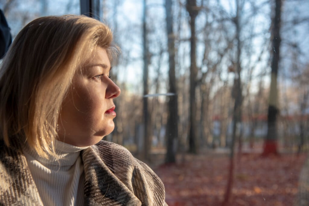 Portrait In Profile Of A Plump Blonde Woman By The Window In A Cafe.