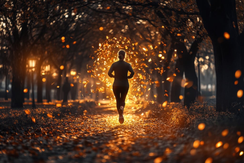 Runner In Autumn Park Surrounded By Falling Leaves During Sunset