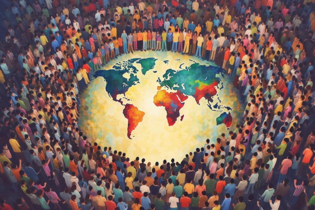Group Of People Around Planet Earth. Generative Ai