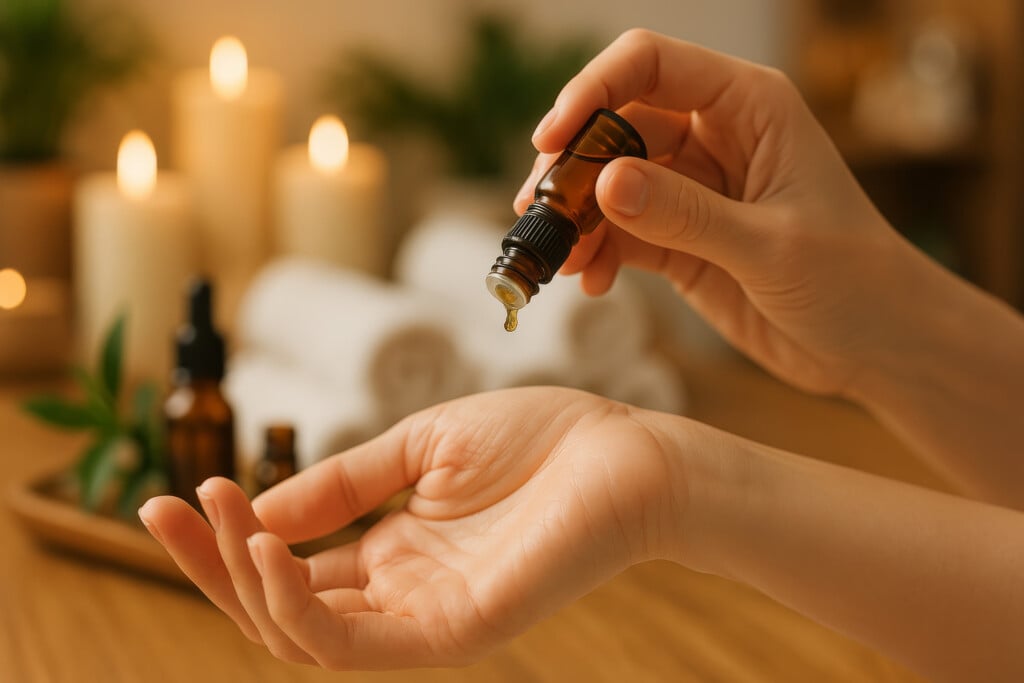 Essential Oil Application For Relaxation During A Calming Spa Session At Home In The Evening