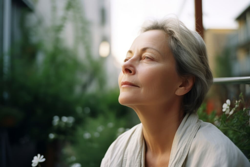Portrait Of A Beautiful Senior Woman With Closed Eyes, Looking Away