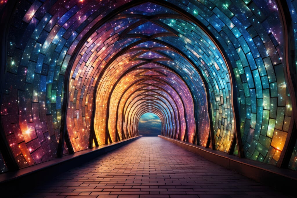Futuristic Tunnel Corridor With Lights At Night.