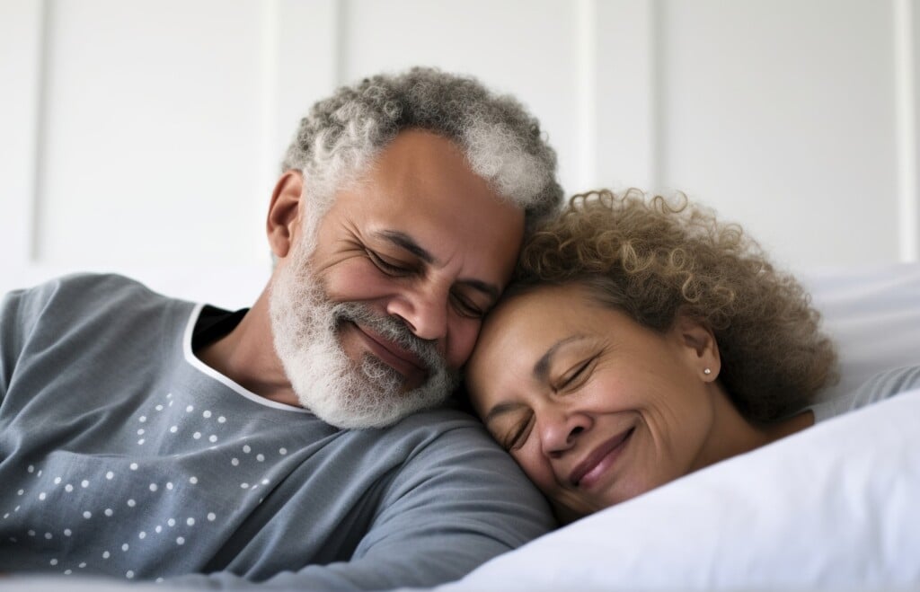 Happy Senior Couple Lying In Bed And Embracing At Home