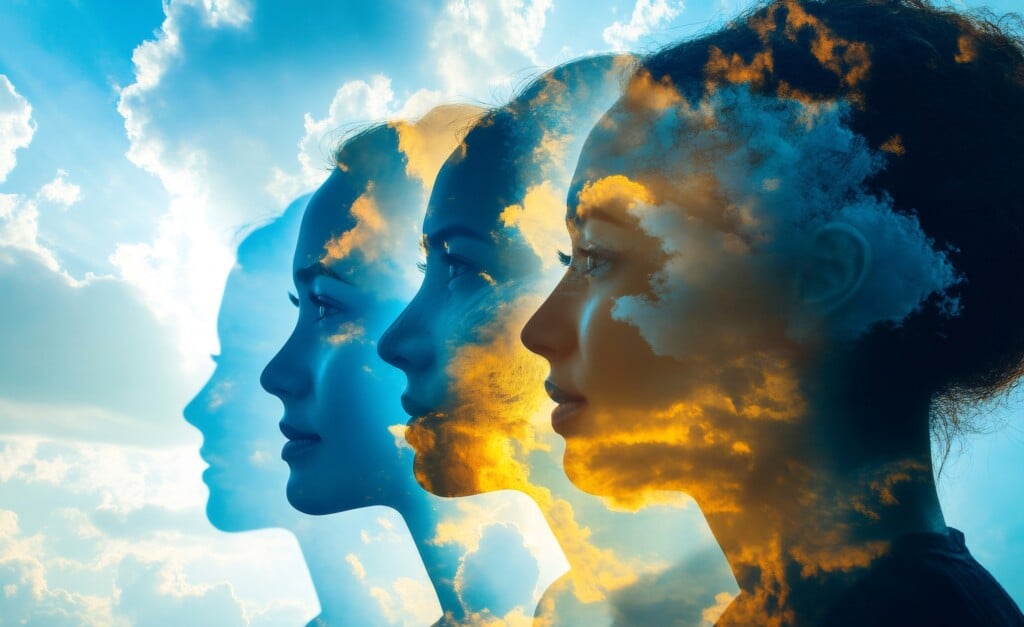 Multiple Women Silhouettes Overlaid With Sky And Clouds, Symbolizing Interconnectedness, Global Network, And Collective Intelligence