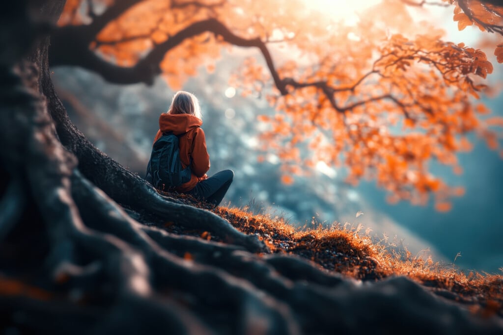 Person Enjoying Tranquility While Sitting Under A Vibrant Autumn Tree With Golden Leaves