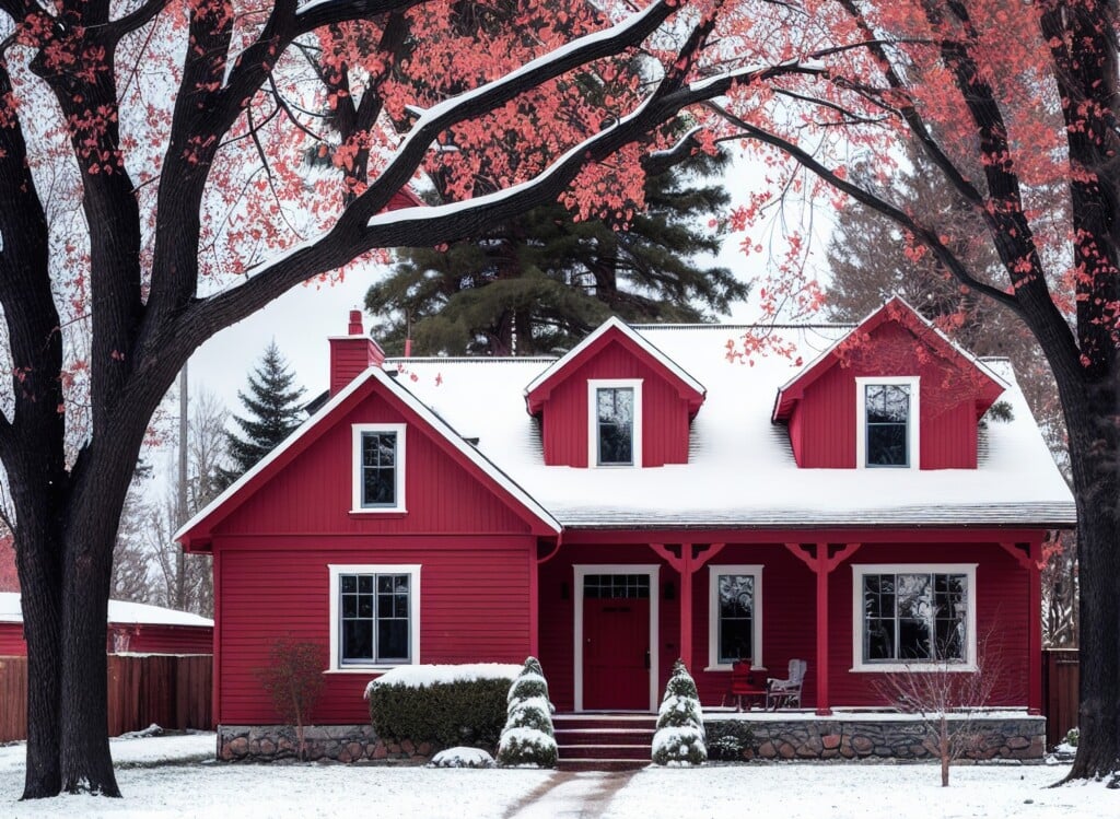Red Wooden House In The Park In Winter With Red Maple Trees.