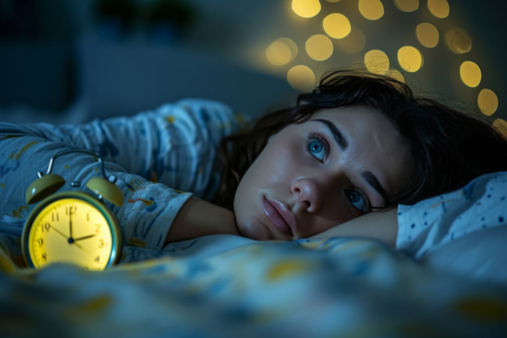 Person Struggling With Insomnia Lying In Bed, Anxiously Looking At Alarm Clock Standard. Сoncept Insomnia, Sleep Disorders, Anxiety, Alarm Clock, Sleep Deprivation.