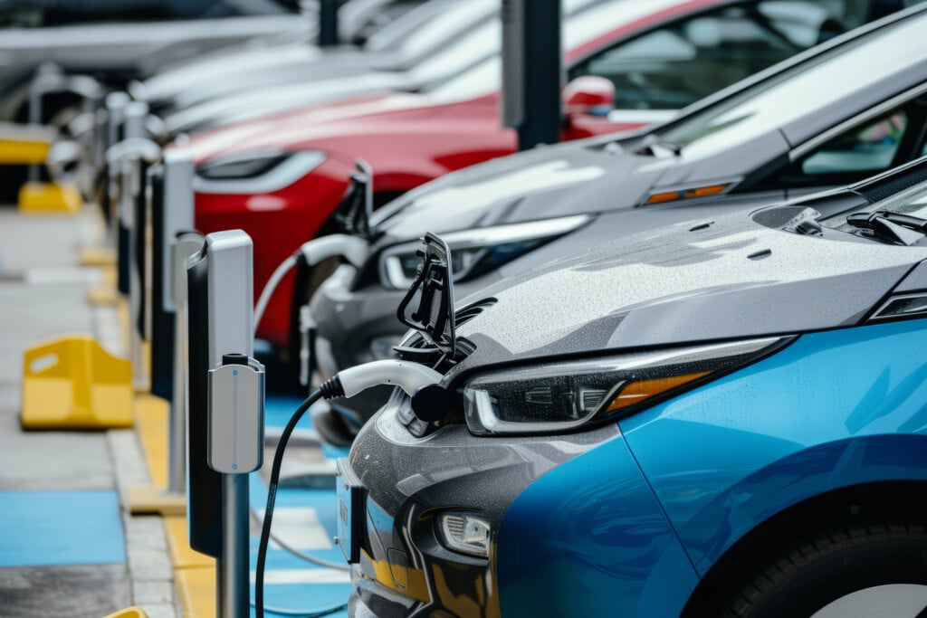 Row Of Electric Cars At Public Charging Station With Plugged Power Cables