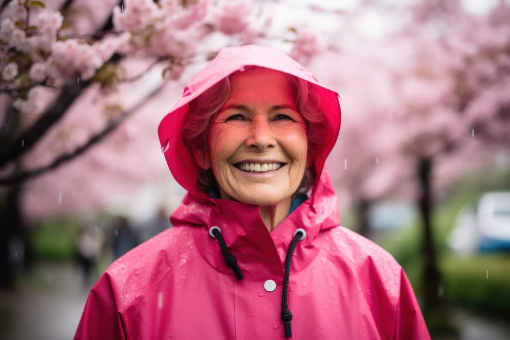 Portrait Of Smiling Senior Woman In Raincoat Standing Under Cherry Blossom