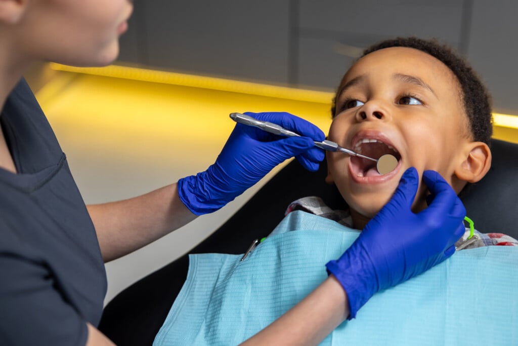Female Dentist Working With Dark Skinned Boy