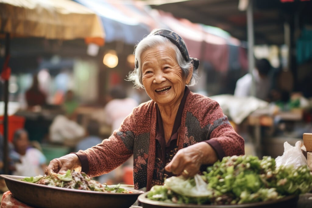 Elderly Asian Lady On The Food Market