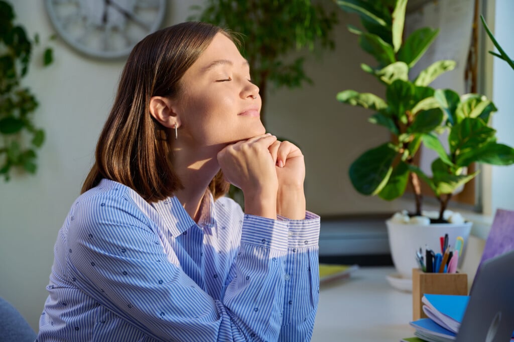 Young Relaxed Woman With Closed Eyes, Relaxing Enjoying Sunset Light