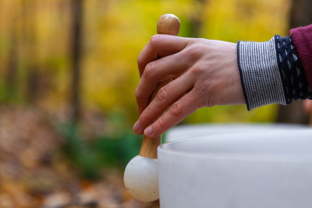 Close Up On Hand And Drumstick. With A Blurry Background In The Fall Season