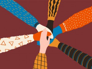 Friendship Hands. Stack Of Different People Hands, Friends Or Team Trendy Concept. Vector Cooperation And Teamwork Poster