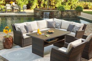 Wrap-around couch and center table for outdoors