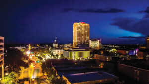 a drone photo of Tallahassee at dusk.