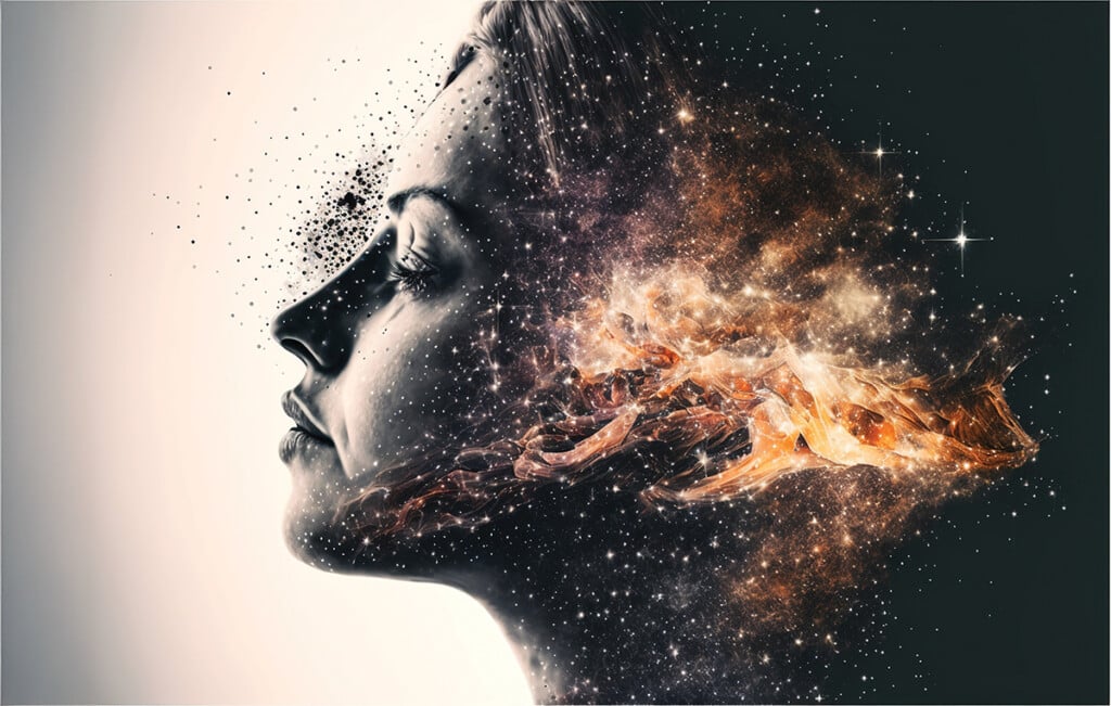 Universe And Galaxy Inside Woman Brain Double Exposure Meditative Mind