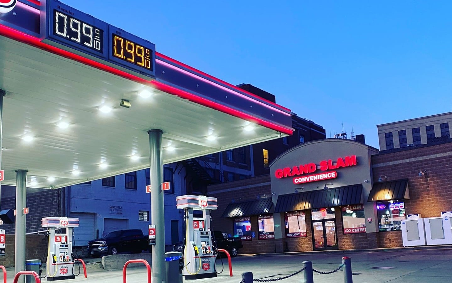 Grand Slam is selling gas for 99 cents until midnight, to thank you