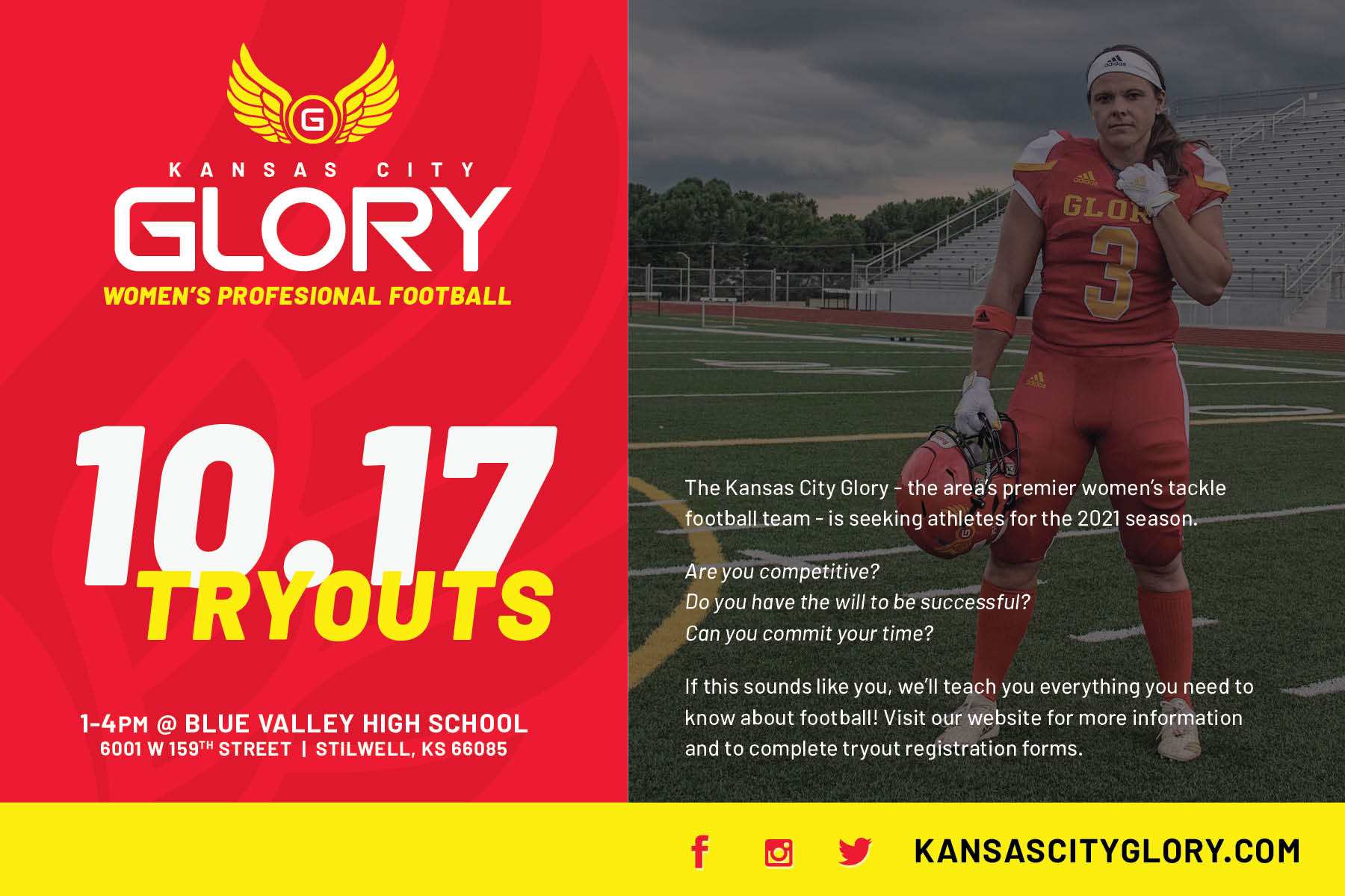 Women's tackle football team KC Glory hosts open tryouts Oct. 17th