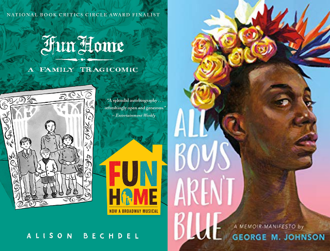 The covers of Fun Home and All Boys Aren't Blue