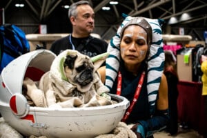 A Cosplayer And Her Dog, Dressed Up As The Child And Ahsoka Tano From The Mandalorian, At Planet Comicon, Kansas City.
