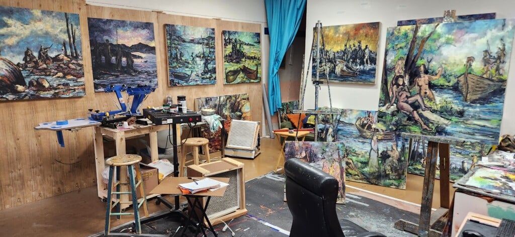 paintings in a studio