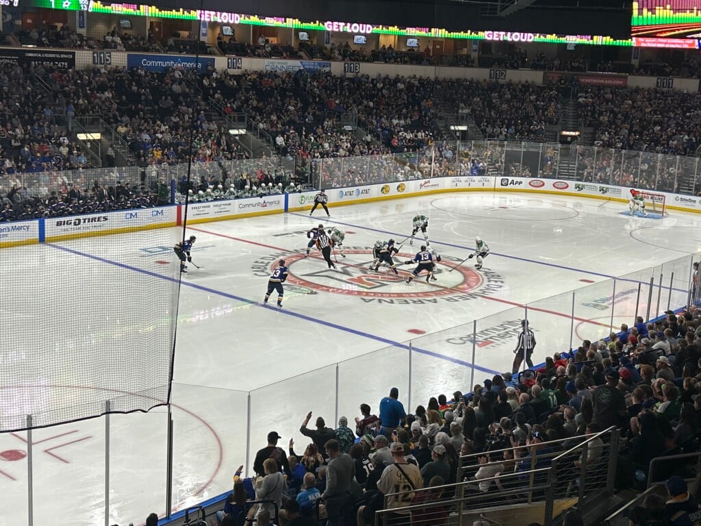 St Louis Blues And Dallas Stars Faceoff At Center Ice