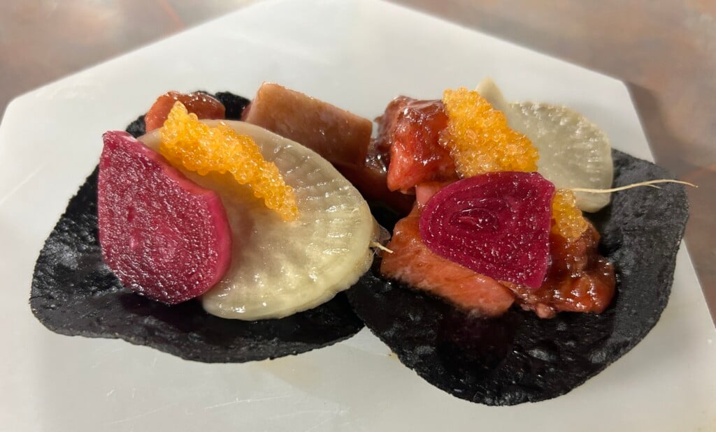 Toro Caviar Yuzu And Pickled Relish On A Squid Ink Tortilla Photo By Lauren Textor