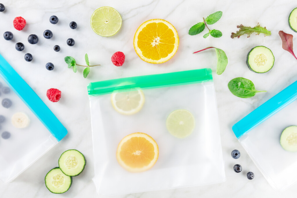 reusable sandwich bag and fresh fruits