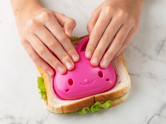 A Child Makes A Bunny Shaped Sandwich Using A Press Mold
