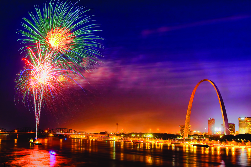 view of st. louis at sunset with fireworks