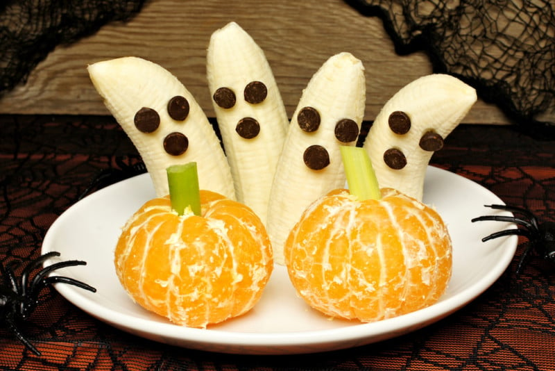 banana ghosts and mandarin pumpkins make for healthy halloween treats