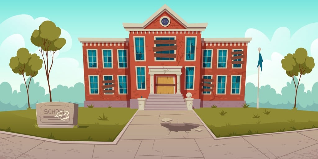 cartoon of abandoned school building, for article on the myth of failing schools