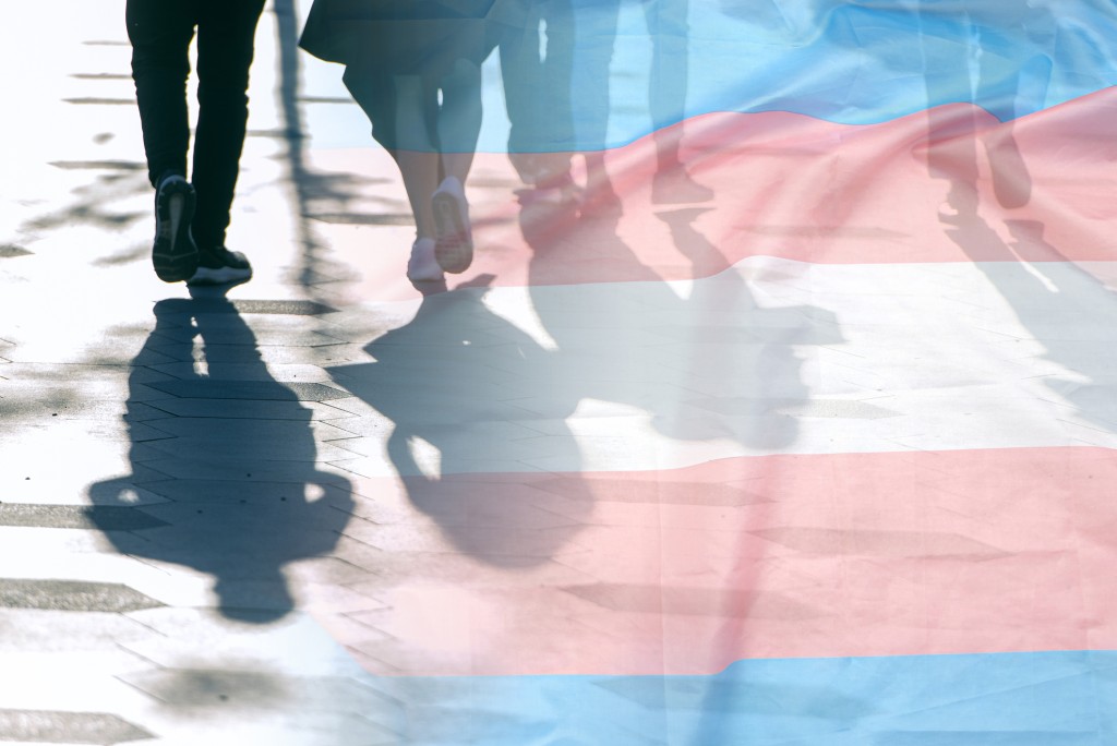 Transgender Flag, Shadows And Silhouettes Of People On A Road