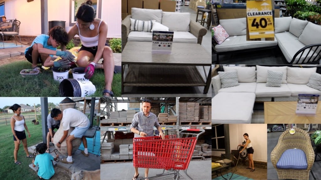 collage of liliana sproul and family working in the garden and shopping for patio furniture