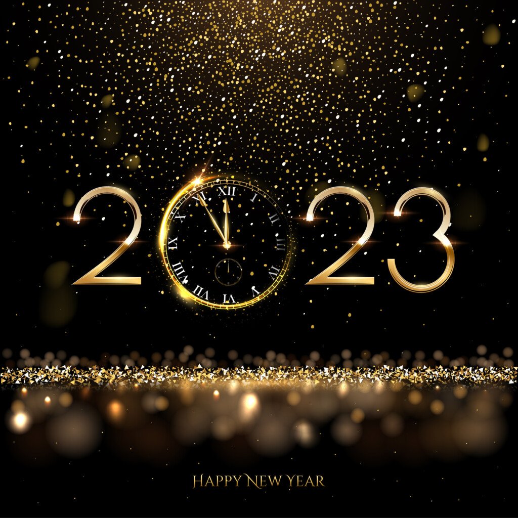 2023 Happy New Year Clock Countdown Background. Gold Glitter Shining In Light With Sparkles Abstract Celebration. Greeting Festive Card Vector Illustration. Merry Holiday Poster Or Wallpaper Design