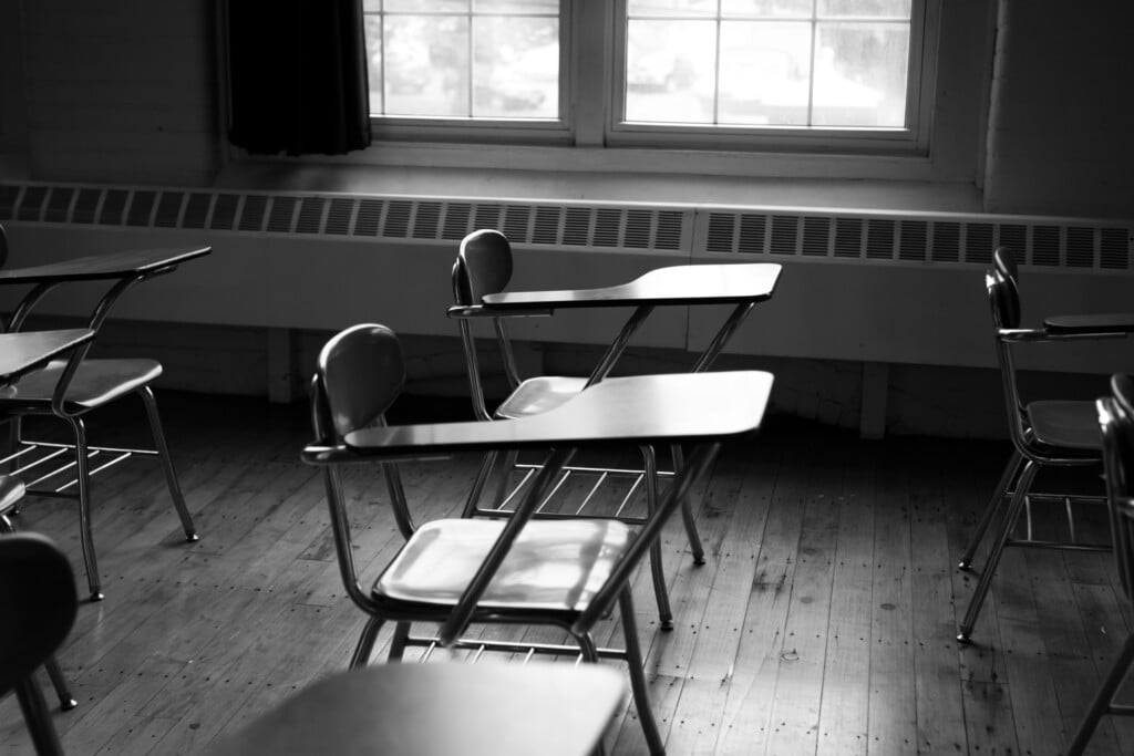empty classroom, black and white