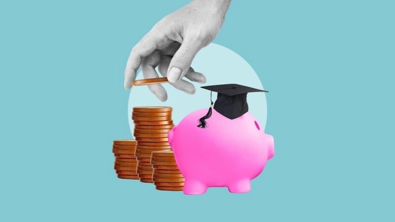graphic putting money in a piggy bank wearing graduation hat for fafsa article