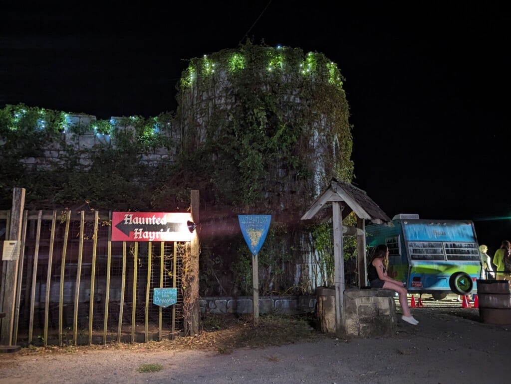 castle of muskogee at night for the halloween festival