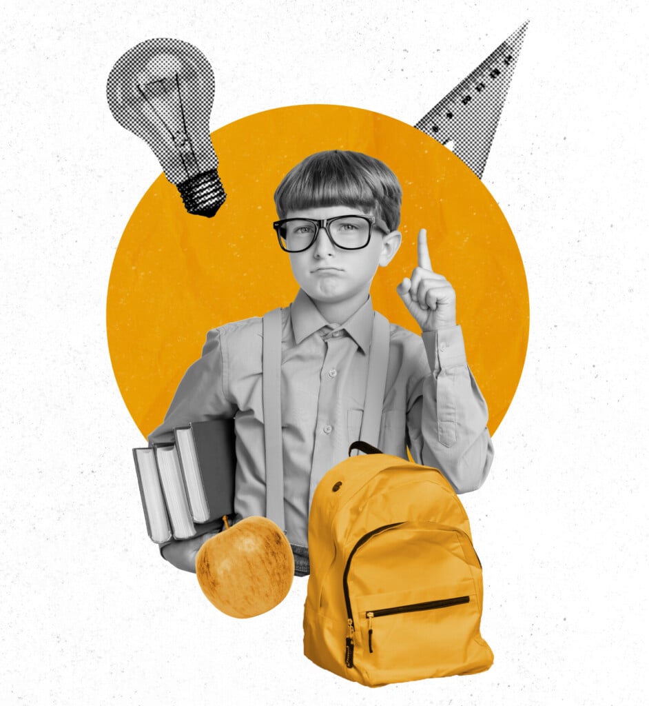 Creative Abstract Template Graphics Image Of Smart Clever Small Kid Pointing Finger Isolated Drawing Background