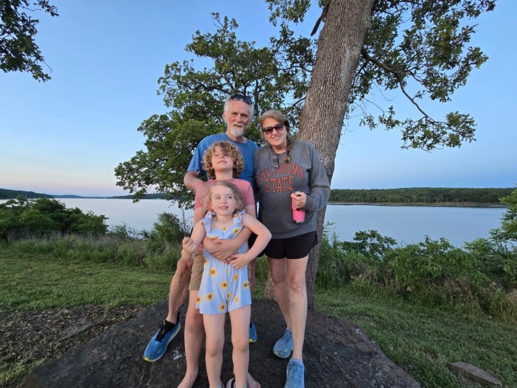 Diane Morrow-Kondos, her husband and grandkids at Sequoyah State Park