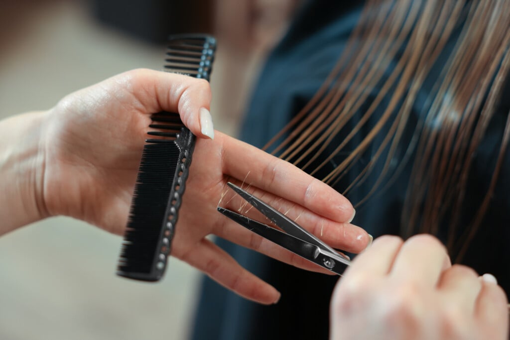 Professional Hairdresser Cutting Girl's Hair In Beauty Salon
