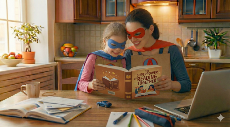 A mom reading to a child, both dressed as superheroes