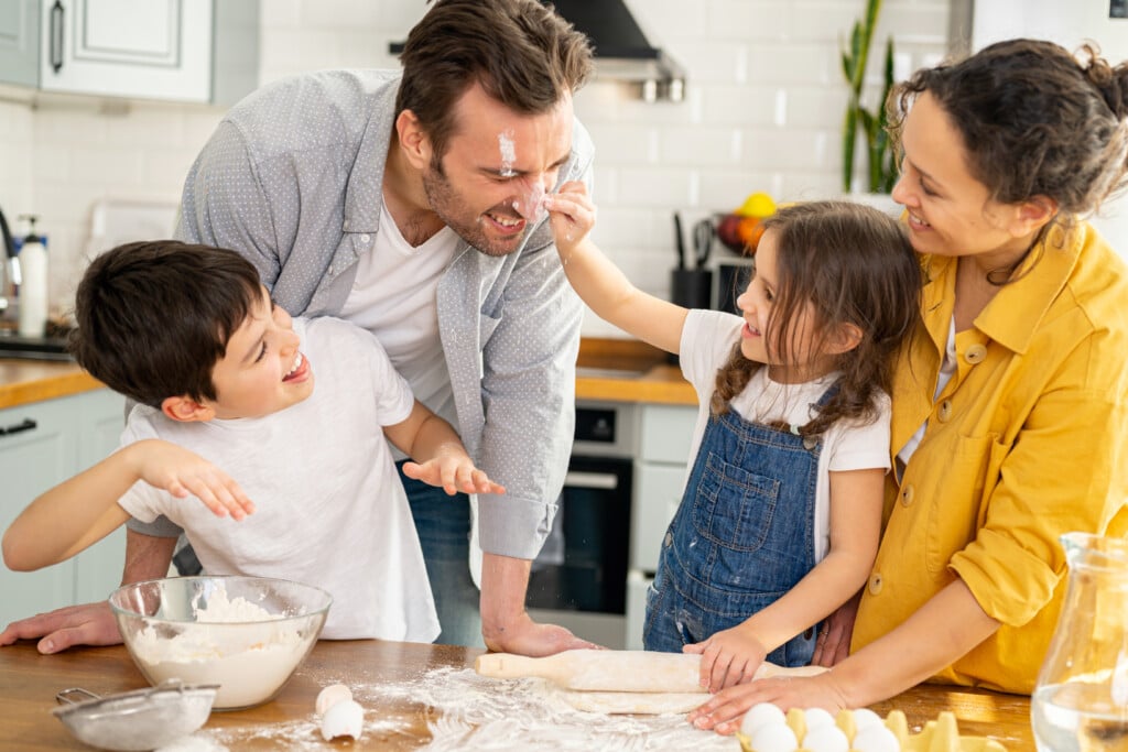 Happy Family Preparing Pie Or Cookie, Have A Fun On Weekend
