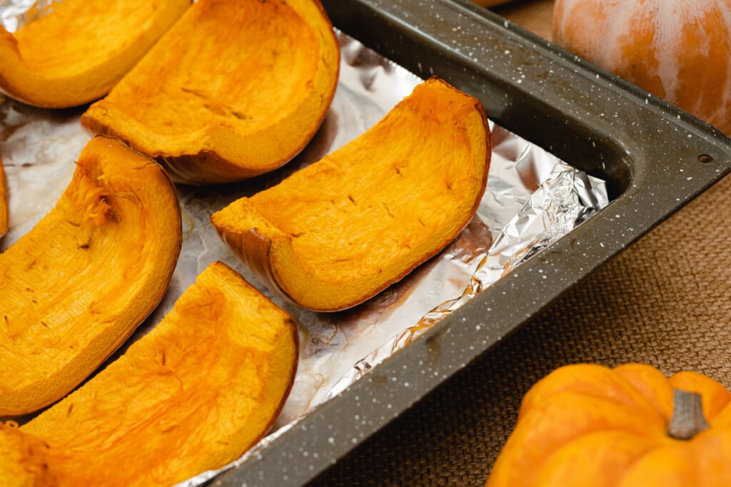 roasted pumpkin on a cooking tray