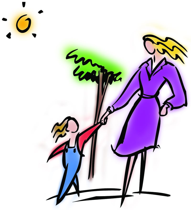 illustration of child walking outdoors with mom. summer safety concept