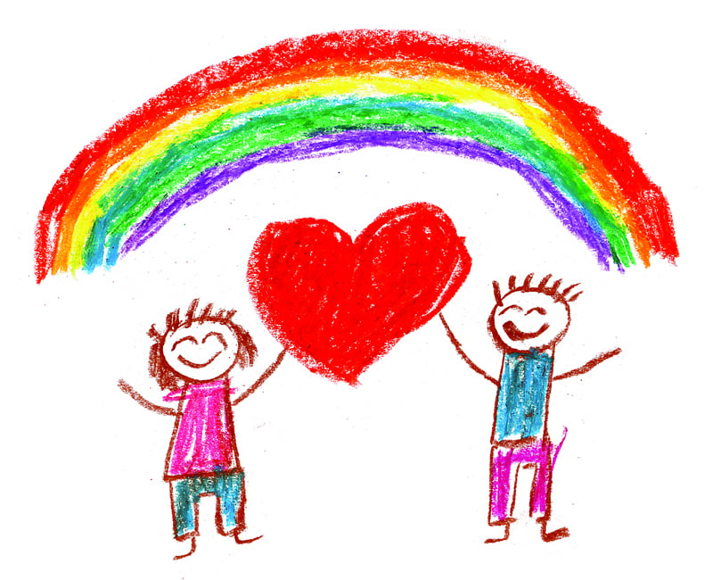 girl and boy beneath rainbow with heart between them. kids and crushes concept